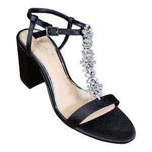 Jewel Badgley Mischka Raina Embellished T-Strap Black Satin Block Heel Size 7
